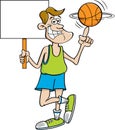 Cartoon smiling basketball player spinning a basketball on his finger while holding a sign. Royalty Free Stock Photo