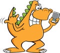 Cartoon dinosaur holding a cell phone.