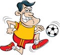 Cartoon man in a soccer uniform kicking a soccer ball.