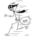 Cartoon Illustration of Smiling Masked Businessman or Clerk Running with Bag of Money