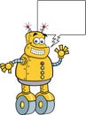 Cartoon smiling mechanical robot with a caption balloon.