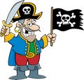 Cartoon smiling pirate holding a sword and a pirate flag.