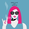 Cartoon illustration smoking girl holding rock and roll sign