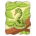 cartoon illustration a snake relaxing on a big and tall tree to see its prey Royalty Free Stock Photo