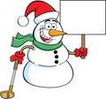 Cartoon snowman wearing a Santa hat while holding a golf club and a sign.