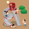 Cartoon illustration of some Hong Kong kids playing with an old-fashioned playground slide