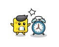 Cartoon Illustration of sponge is surprised with a giant alarm clock