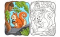 Cartoon illustration squirrel eating on a big rock book