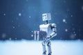 cartoon illustration, standing robot holding a box, ai generative