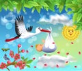 Cartoon illustration of a stork flying with a baby in a spring background