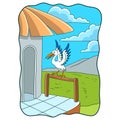 Cartoon illustration the stork perched on the wooden edge