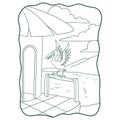 Cartoon illustration the stork perched on the wooden edge of the house book or page for kids