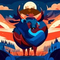 Cartoon illustration of a strong powerful bull on the background of the night sky AI Generated