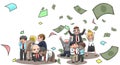 Cartoon illustration of successful and fail businesspeople, broker, and investor in stock market with money flying with wealth and