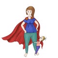 Cartoon illustration of supermom with little daughter. Strong woman wearing breastfeeding T-shirt and red superhero cape