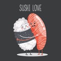 Cartoon illustration of sushi love hugging couple, salmon hugging rice. Asian food icon, restaurant menu