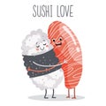 Cartoon illustration of sushi love hugging couple, salmon hugging rice. Asian food icon, restaurant menu