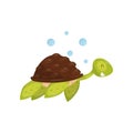 Flat vector icon of swimming turtle. Marine animal. Green tortoise with happy muzzle. Element for children book or