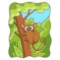 Cartoon illustration tarsier climbing a tall and big tree to relax