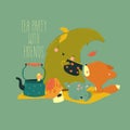 Cartoon Illustration Tea Party with Cute Animals Friends