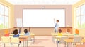 Teacher and students in a bright classroom with a large blank whiteboard Royalty Free Stock Photo