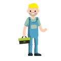 Cartoon illustration - technician man in uniform. Male mechanic with the tool box Royalty Free Stock Photo