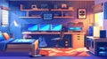 A cartoon illustration of a teenage boy's bedroom, a gamer, programmer, hacker or trader's office, unmade bed