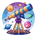 A cartoon of a telescope observing stars and planets