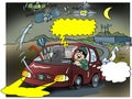 Cartoon illustration of a a thief that can not escape from satellite surveillance