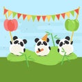 Cartoon illustration of three cute pandas with balloons and falgs on green grass.