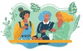 Cartoon illustration of three girls in cafe. Talking and laughing happy female characters. Conversation and friendship