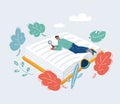 Cartoon illustration of tiny man lies on book