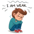 Cartoon Illustration of Tired Boy with Slouched Posture and I Am Weak Text Sad Expression and Wavy Lines on White Background Royalty Free Stock Photo