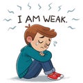 Cartoon Illustration of Tired Boy with Slouched Posture and I Am Weak Text Sad Expression and Wavy Lines on White Background Royalty Free Stock Photo