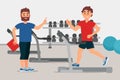Trainer and young man on treadmill. Sport gym interior with equipment. Active workout. Colorful flat vector design Royalty Free Stock Photo