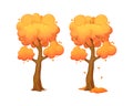 Cartoon autumn tree with curved trunk with falling leaves.