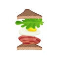 Triangle sandwich with ingredients bacon, fried egg and green lettuce leaf. Tasty snack. Fast food. Flat vector design Royalty Free Stock Photo