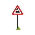 Cartoon flat vector illustration of triangular road sign with train without barrier . Railroad crossing ahead. Element