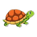 cartoon illustration a turtle walking in the middle of a meadow on a cliff