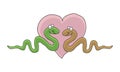 Cartoon illustration of a two cute snake in love, smiling green and brown snakes with pink heart, hand drawn eps10