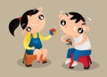 Cartoon illustration of two Hong Kong kids playing magic cube