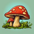 cartoon illustration of two red mushrooms in the grass Royalty Free Stock Photo