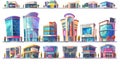 The cartoon illustration of an urban retro building set includes a shopping mall, a hotel and a house with a restaurant Royalty Free Stock Photo