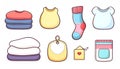 Cartoon illustration of various baby clothes and accessories Royalty Free Stock Photo