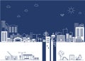 Cartoon illustration. Vector city in line style on blue background. Urban landscape. Abstract vector template. Royalty Free Stock Photo