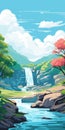 Lively Illustration Of Forest Landscape With Waterfall In Sky-blue And Pink Royalty Free Stock Photo