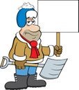 Cartoon weary man holding a snow shovel and a sign.