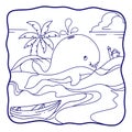 Cartoon illustration Whale swims in the sea and spouts water from above his head coloring book Royalty Free Stock Photo