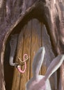 Cartoon illustration of white rabbit bunny confronting a scary l