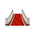 Wide staircase with metal handrails and wooden steps covered with red carpet. Element for hotel lobby. Front view. Flat Royalty Free Stock Photo